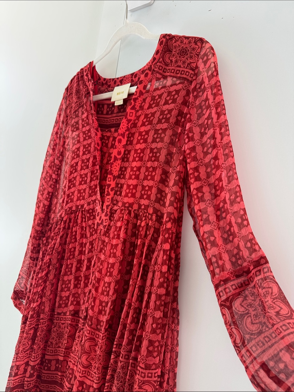 Maeve Red Printed V-Neck Flowing babydoll Dress - boho